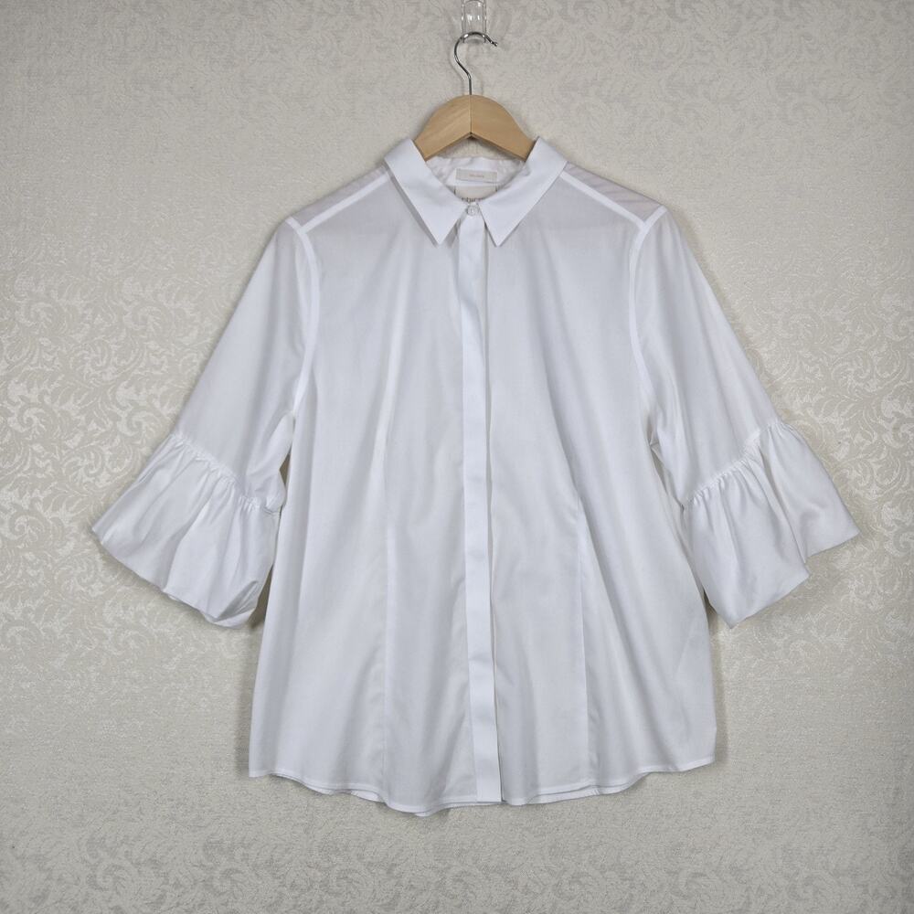 Chico’s No Iron Top Sz 2-L White Button Front Ruffle Sleeve Stretch Office Chic - Picture 12 of 12
